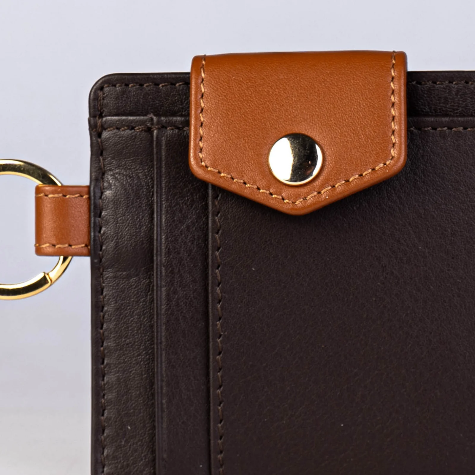 Close-up of the Espresso Attaché snap closure and keyring loop