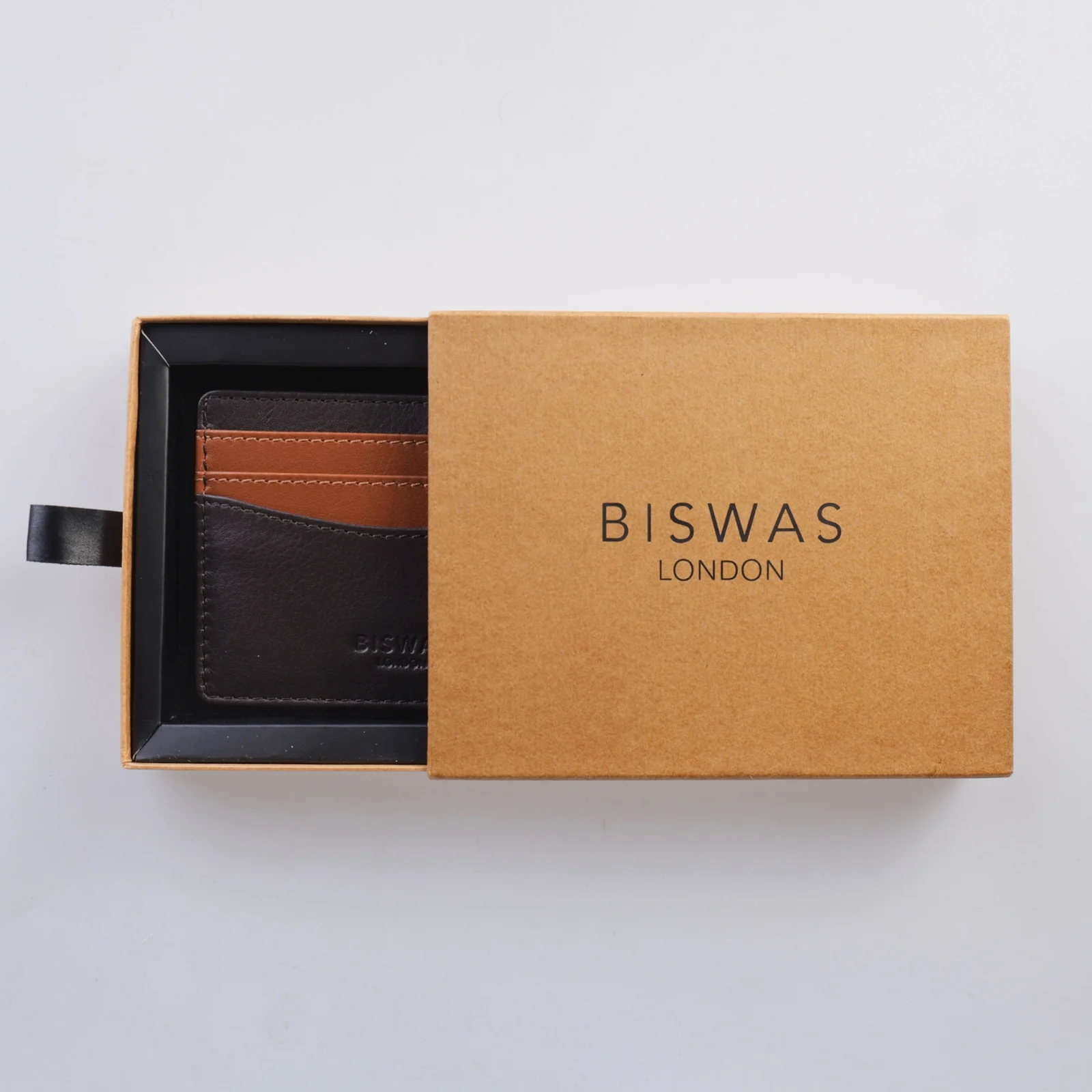 The Diplomat Espresso cardholder in its rigid drawer gift box